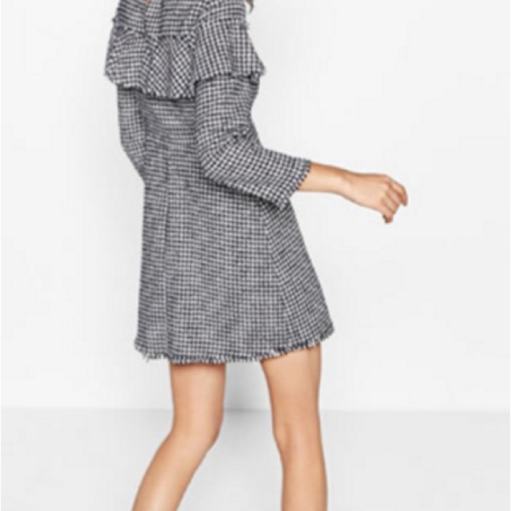 Zara Ruffle Top Tweed Classic Houndstooth Flare Dress XS - Picture 5 of 14